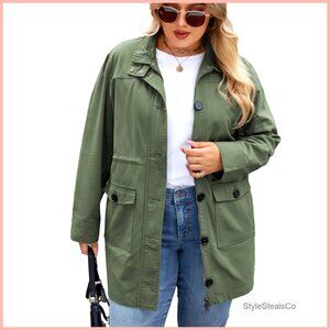 Plus Size Casual Trench Coat, Button Front, Utility Style, Cotton